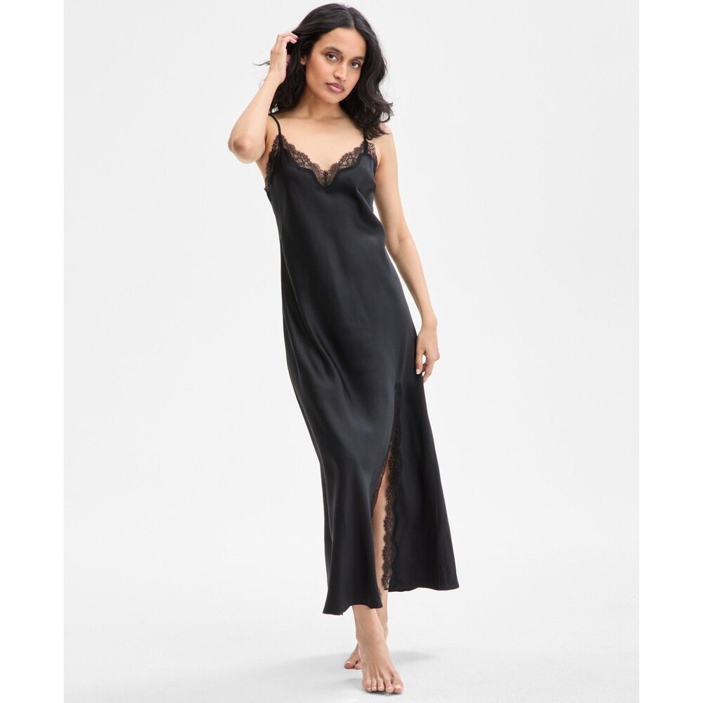 INC Nightgown Women's Large Black Long Lace-Trim Satin Night Sleep Dress